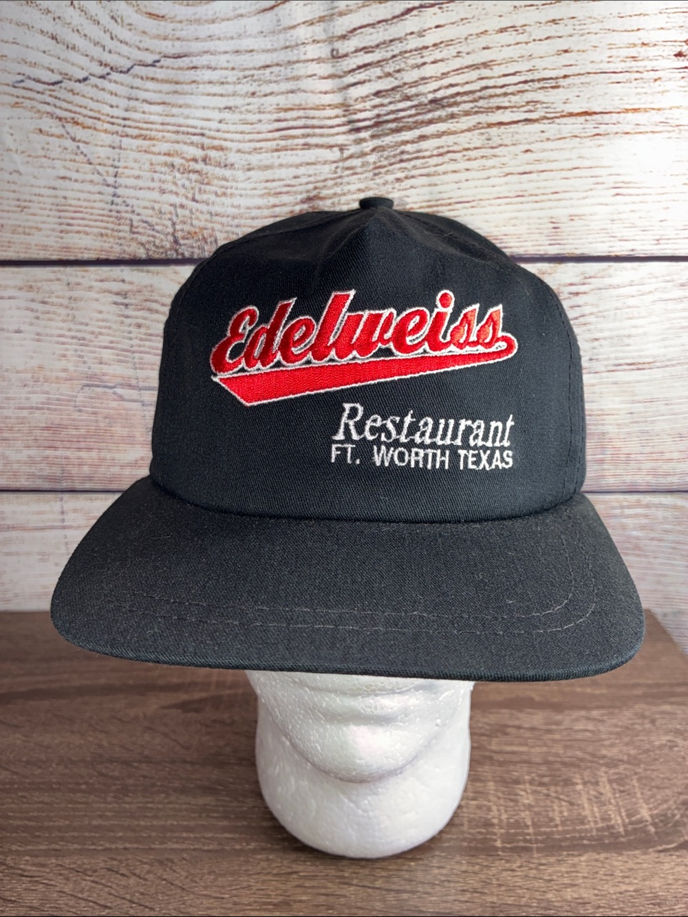 Vintage Edelweiss Restaurant Ft. Worth Texas Black Cap - Red & White Logo EUC